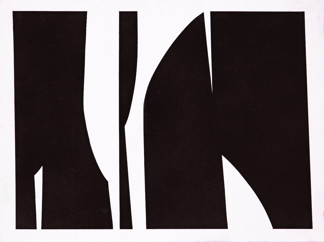 Photograph of Formal Gathering, No. 1, a landscape-oriented black-and-white geometric drawing with powdered charcoal surface, featuring simplified curved and angular forms evoking architecture, masks, and ceremonial figures.