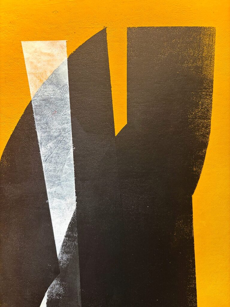 Extreme close-up of Formal Gathering, No. 2 surface, showing the thin, rolled acrylic texture, masked-edge variations, and subtle level shifts in the golden yellow ground interacting with the black, white, and red shapes.