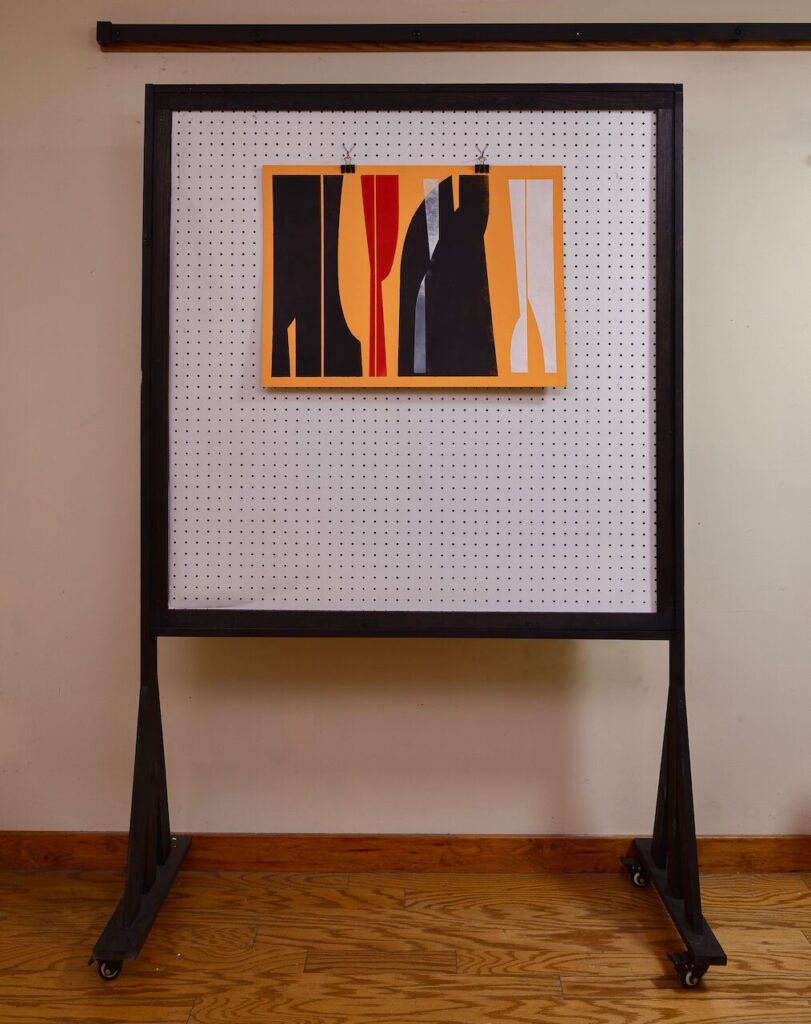 Studio shot of Formal Gathering, No. 2 mounted on pegboard, showing the scale of the landscape-format acrylic painting and the smooth, subtly textured color surface.