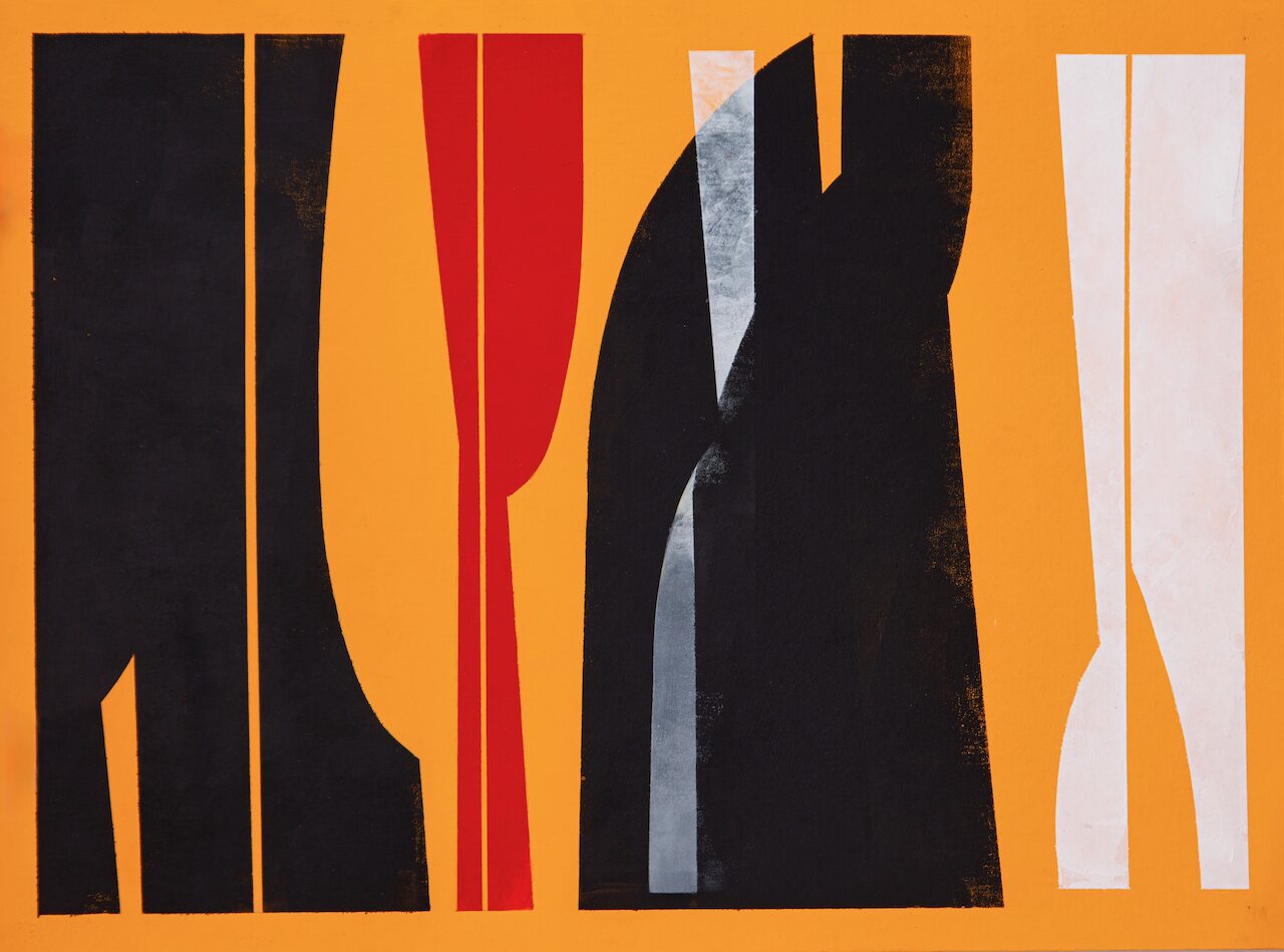 Photograph of Formal Gathering, No. 2, a matte acrylic painting with ultra-opaque golden yellow background, featuring black geometric and curvilinear shapes punctuated by white and a single red form, repeating monumental, ceremonial silhouettes.