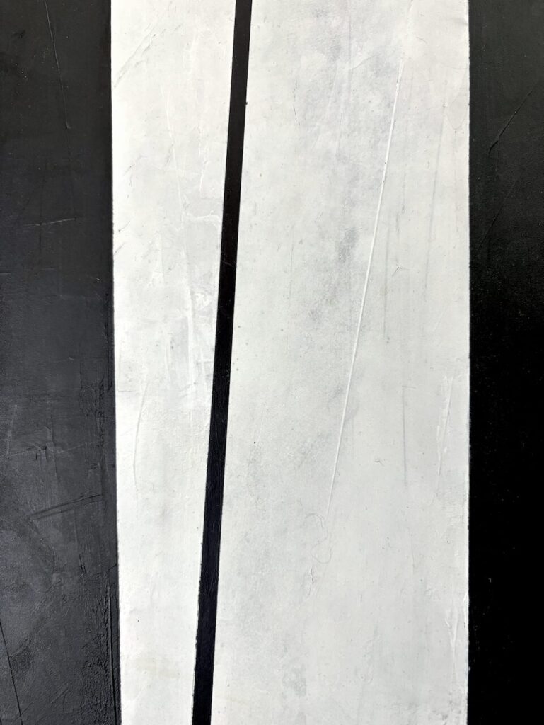 Detail of Formal Gathering, No. 3 highlighting the thick palette knife textures and layered acrylic surface with relief-like qualities