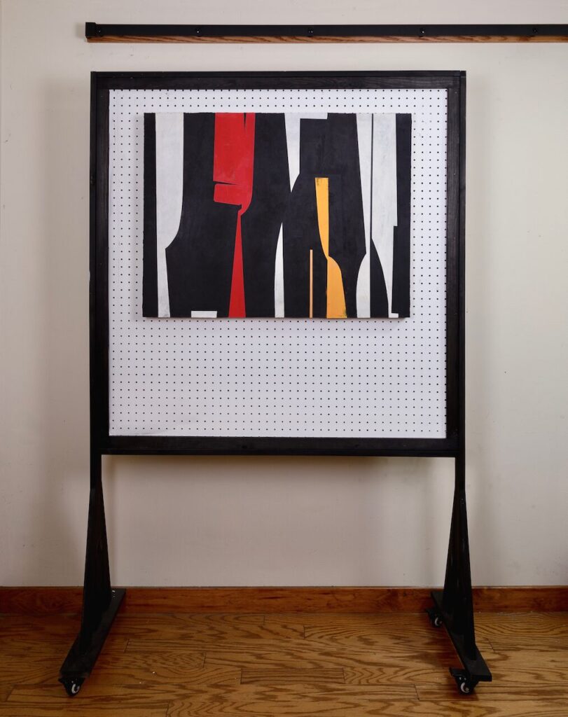Wide view of Formal Gathering, No. 3 showing its large scale, textured acrylic surface, and interplay of black, white, yellow, and red shapes