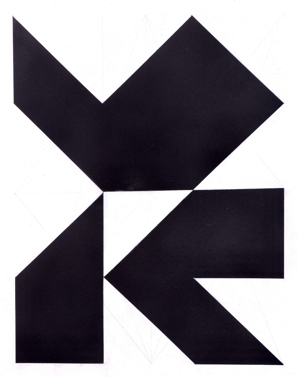 Minimalist abstract charcoal drawing King / Begging Dog (GlyphDrawing No. 4), showing textured triangular forms and subtle compositional shifts within a rigid grid.