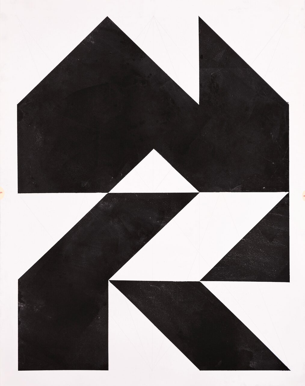 Abstract charcoal drawing with scraped, brayered surface forming mountain peak or A-frame cabin shapes, paths leading upward, inspired by Connecticut woodland landscapes.