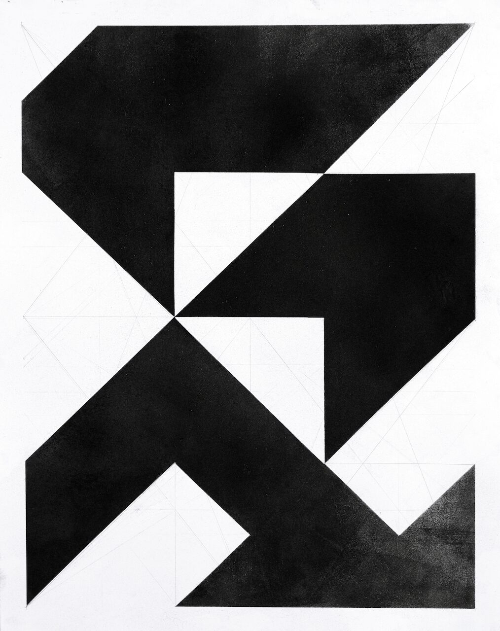 Minimalist abstract drawing with oil stick and layered charcoal, resembling a bird’s-eye view of two neighboring rooftops connected by a shared driveway.