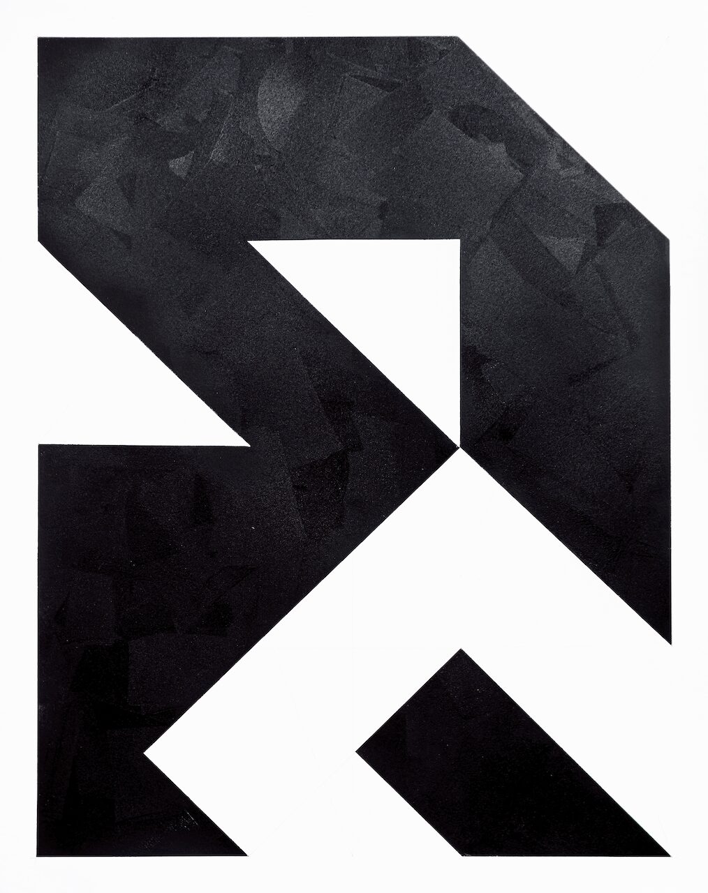 Photograph of Open House, a black-and-white geometric drawing with brayered oil stick surface, showing mirror-inspired composition and a box-like form with a rotated triangular element.