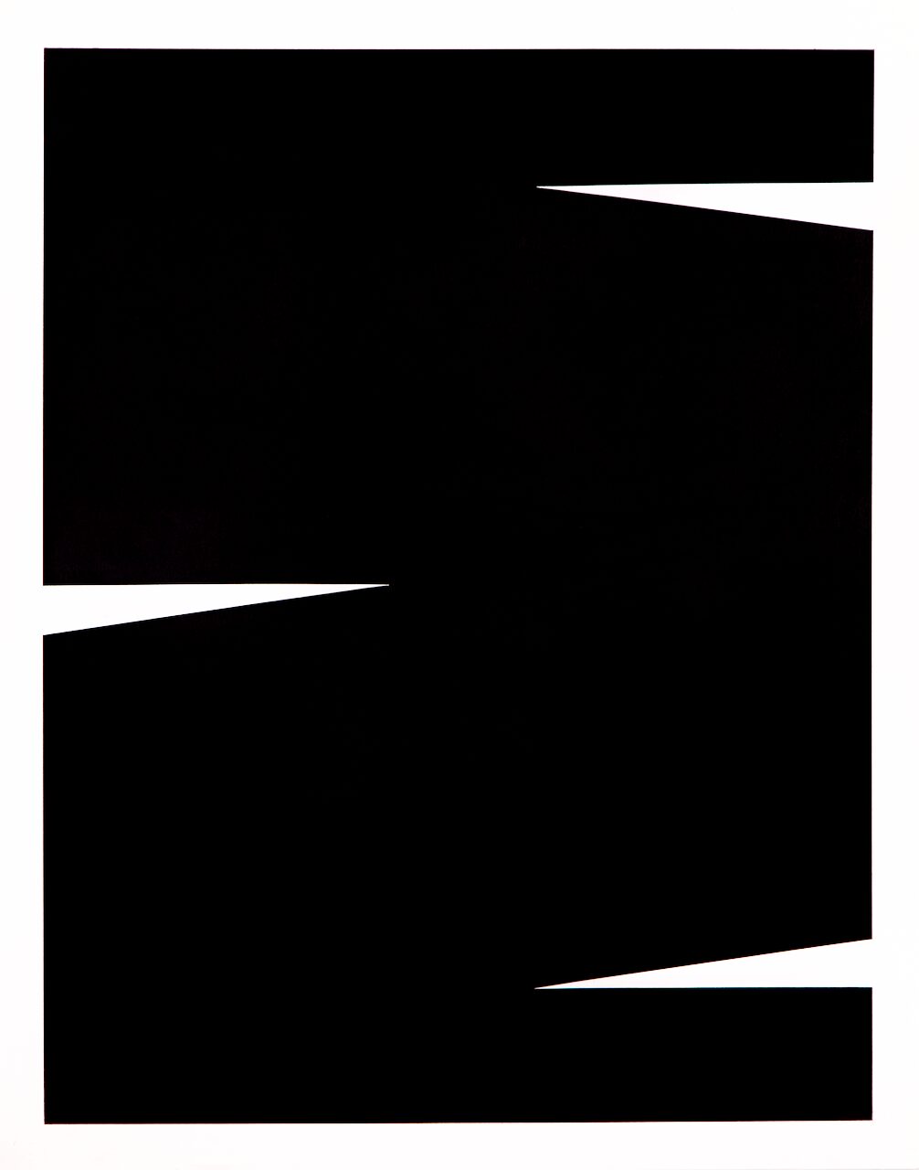 Minimalist geometric charcoal drawing with flat, smooth texture and sharp white triangular cut-ins on white paper.