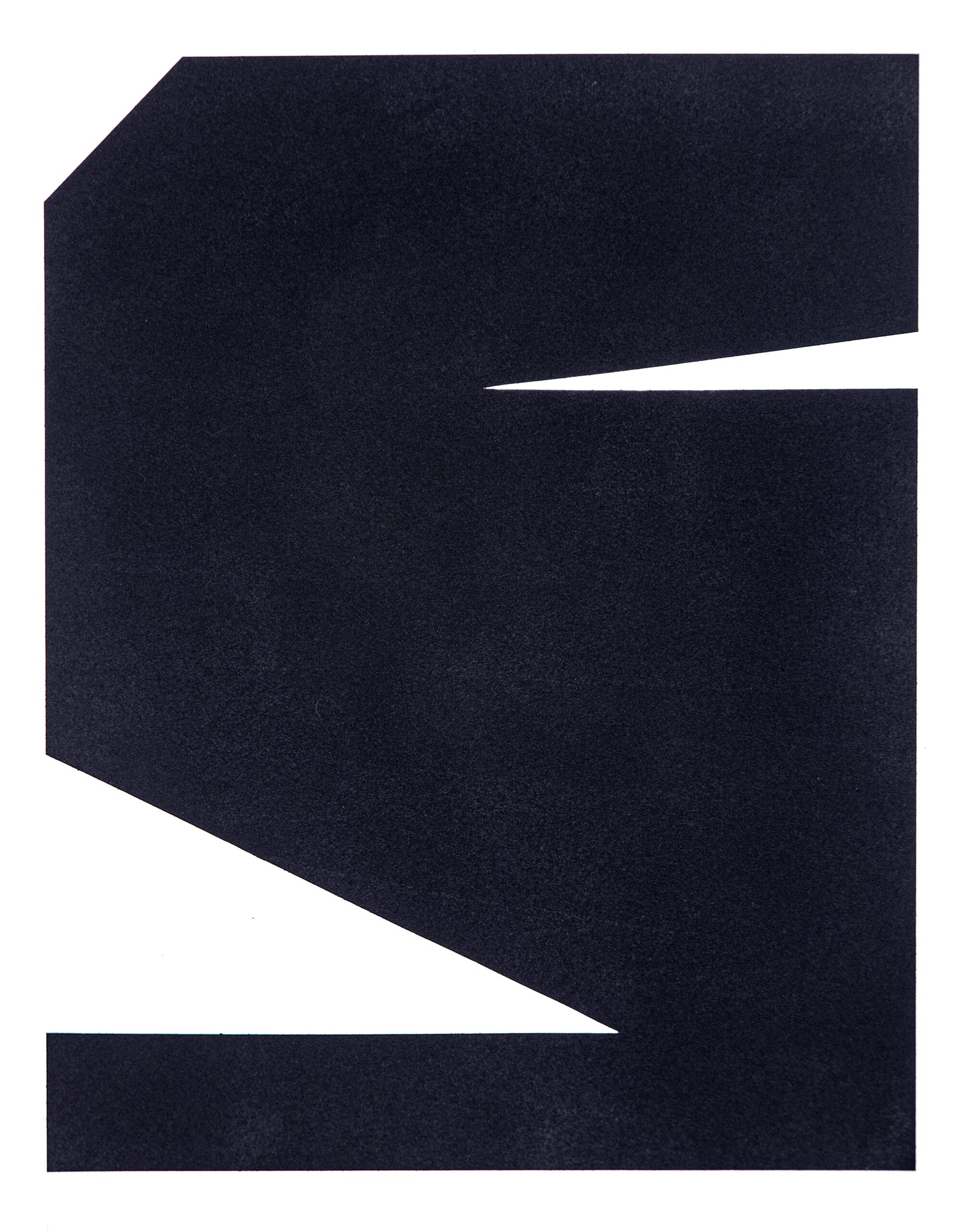 Untitled Drawing No. 2, a minimalist geometric charcoal drawing with rich, sand-like texture, set against white paper with sharp triangular cut-ins.