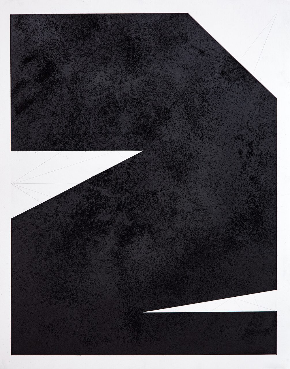Untitled, Drawing No. 3. A minimalist, geometric charcoal drawing with dark shapes top to bottom, exploring weight, balance and their psychological and emotional resonance. The pockmarked surface, achieved through layering and burnishing, evokes the texture of concrete and references Brutalist materials.
