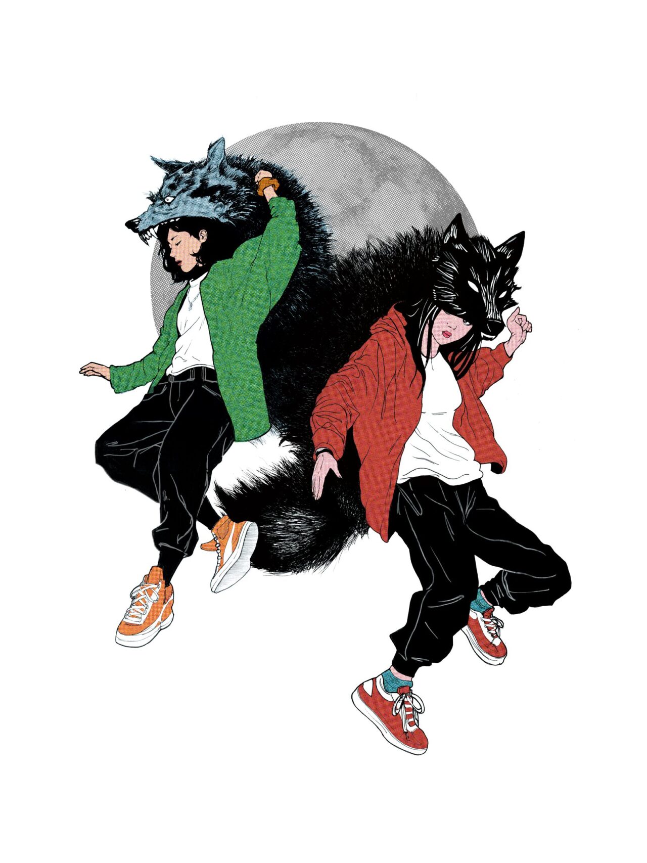 Ink drawing with digital color of women dancing back-to-back, clad in wolf cowls.