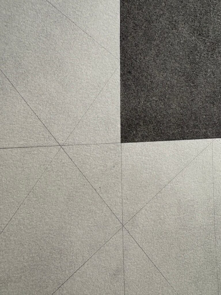 Extreme close-up of Rectangles and Squares, No. 1, highlighting the subtle graphite ground, visible grid lines, and the smooth tonal application of the medium-gray and deep black squares, emphasizing material precision and tonal contrast.