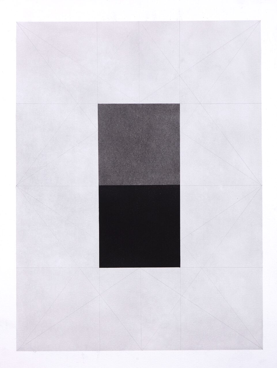 Rectangles and Squares, No. 1, 19 x 24", minimalist abstract drawing of rectangles and squares on paper, with a light graphite ground, 3×4 grid, and two central squares in medium gray and deep black, emphasizing tonal balance and spatial relationships.