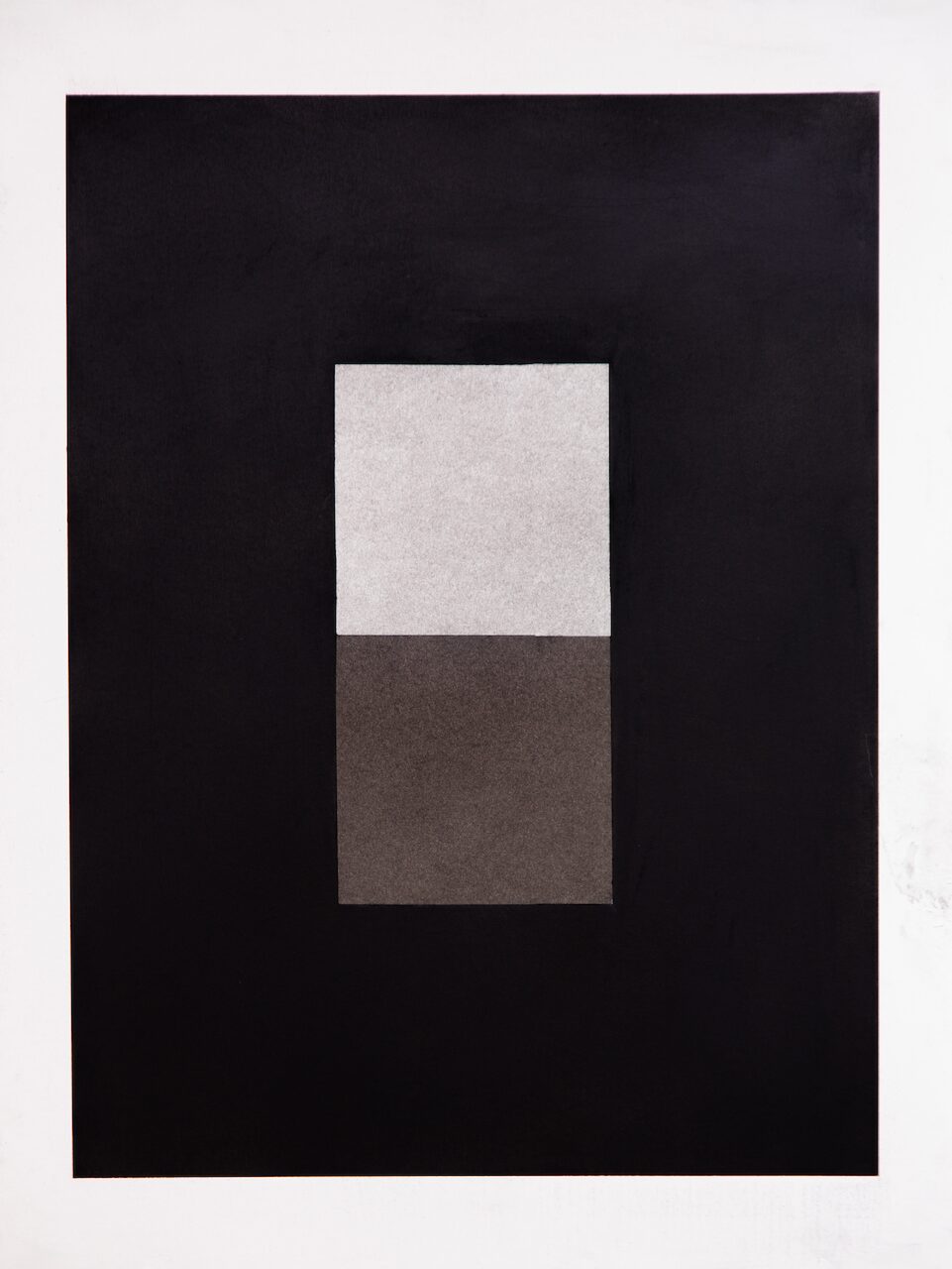 Rectangles and Squares, No. 2, 19 x 24", minimalist abstract drawing of rectangles and squares on paper, with a deep charcoal background, 3×4 grid, and two central squares (top pale graphite, bottom medium gray), emphasizing tonal contrast and spatial relationships.
