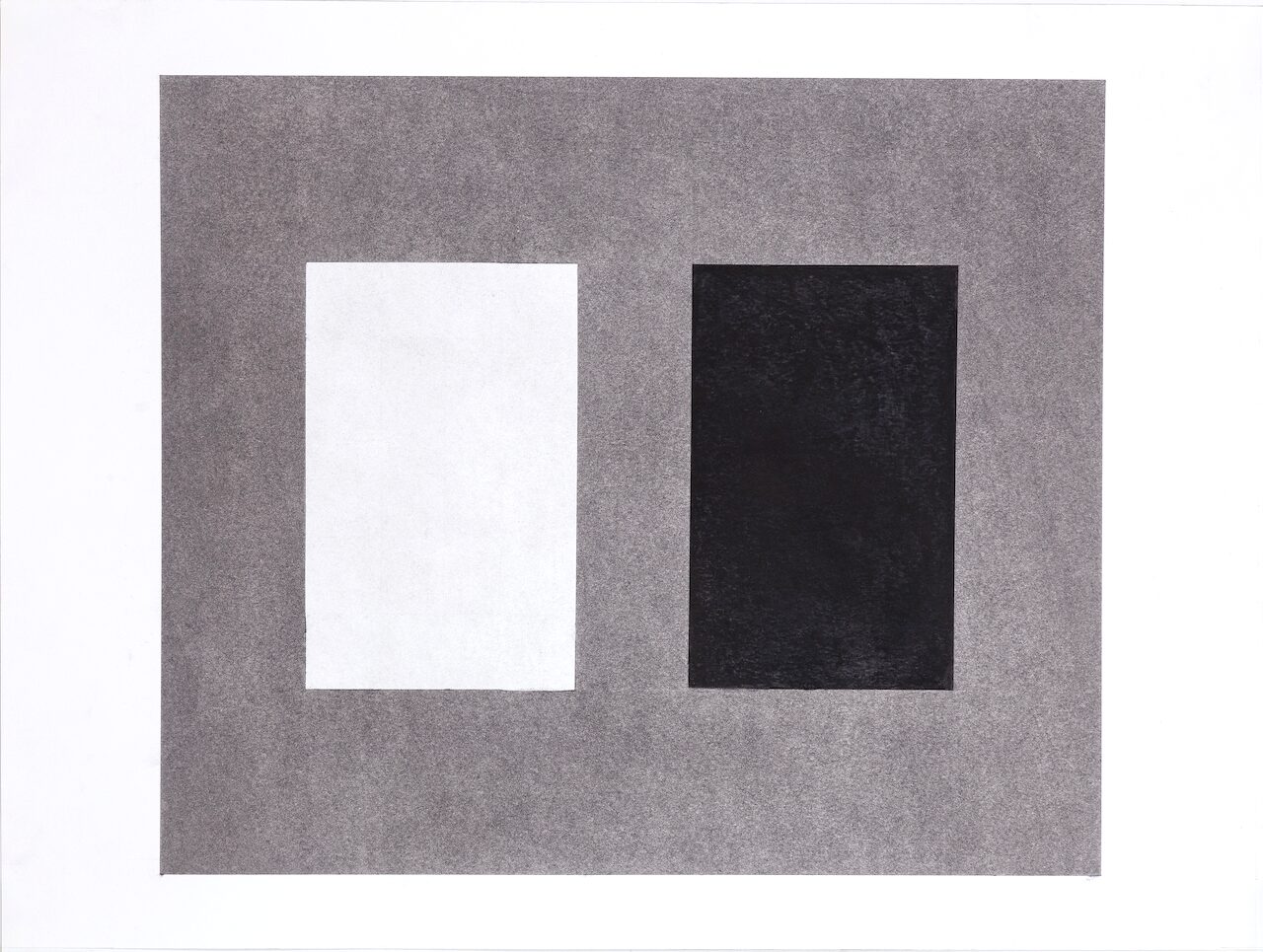 Rectangles, No. 1, 18 x 24", minimalist abstract drawing with a thick white border enclosing a gray charcoal ground, featuring two vertical golden-ratio rectangles, one faint graphite gray and one matte black.