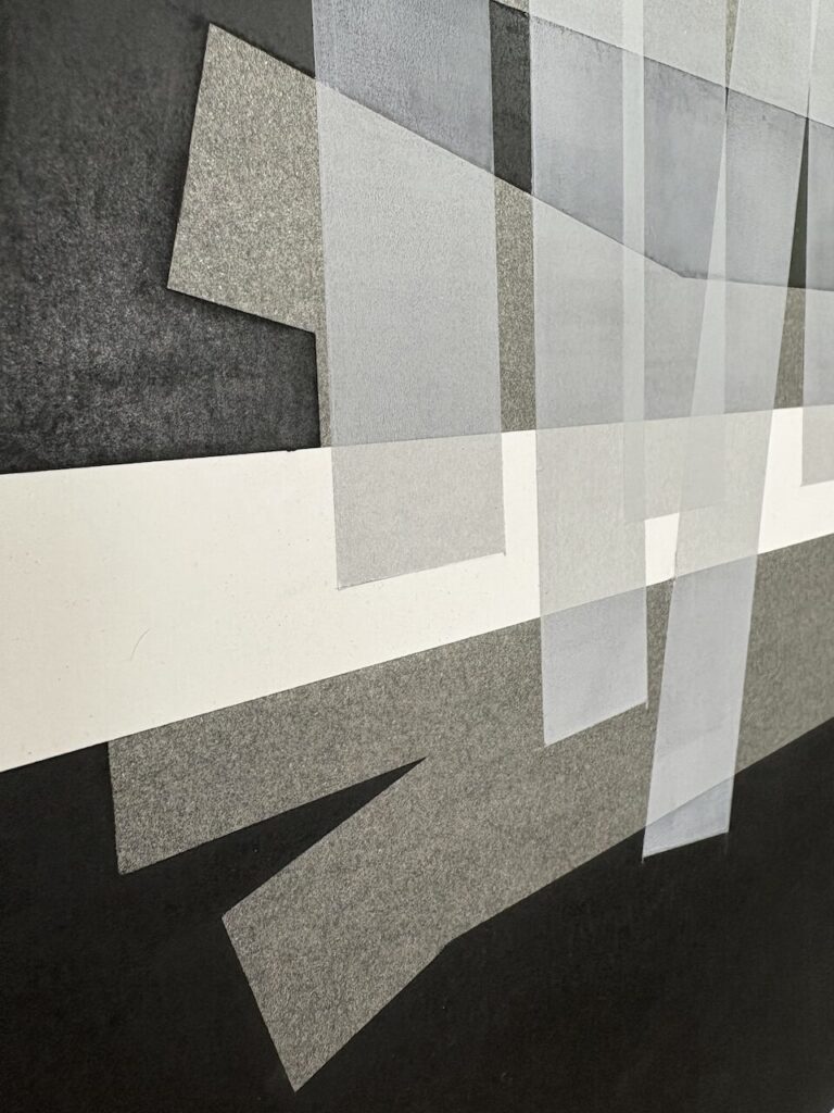 Close-up of Spatial Bars, No. 1 showing layered surface: deep black charcoal, middle-gray bars, and lightly applied translucent acrylic bars. Subtle texture of paper visible, with fine layering and transitions of opacity.